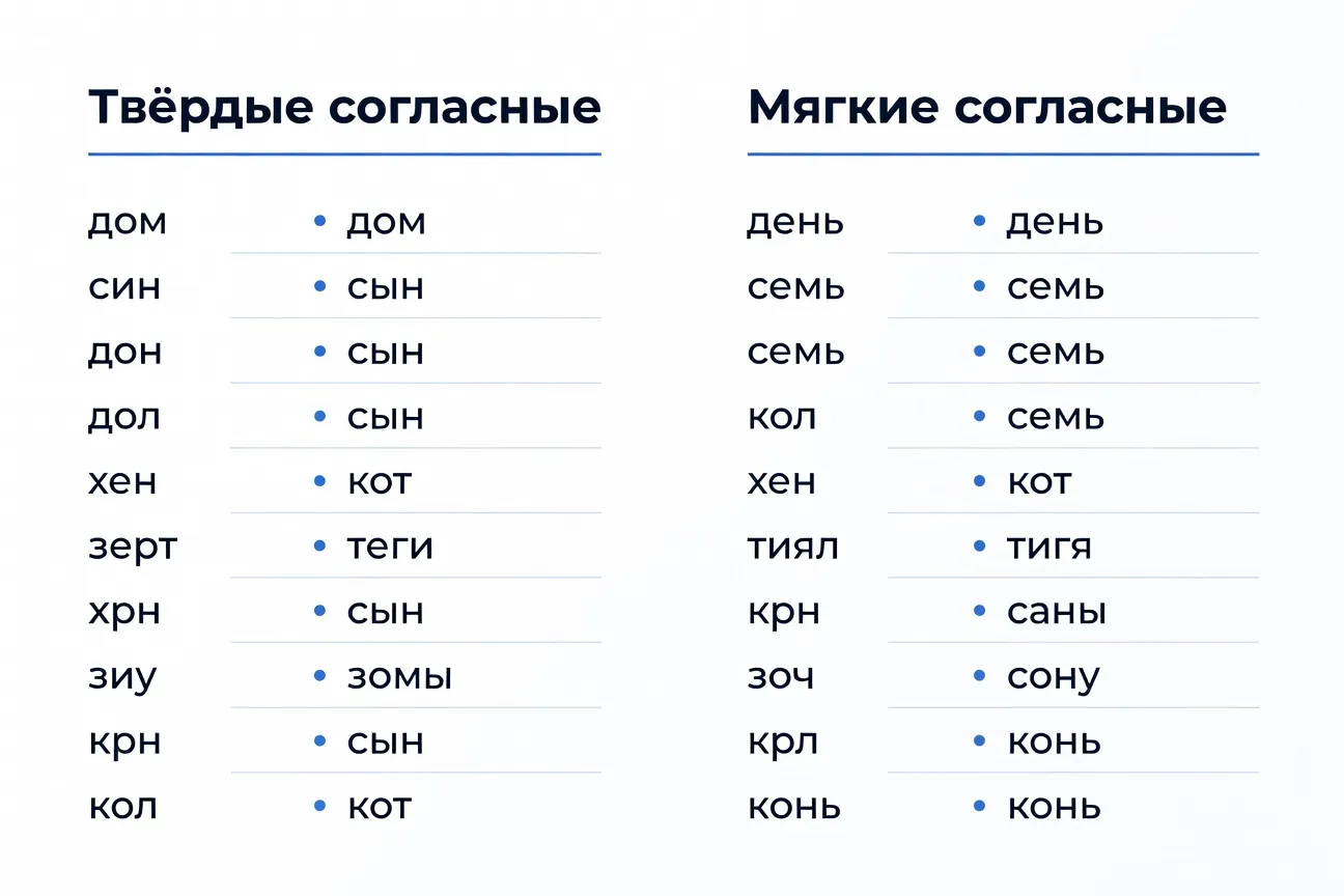 Tableau des consonnes dures et molles en russe avec exemples